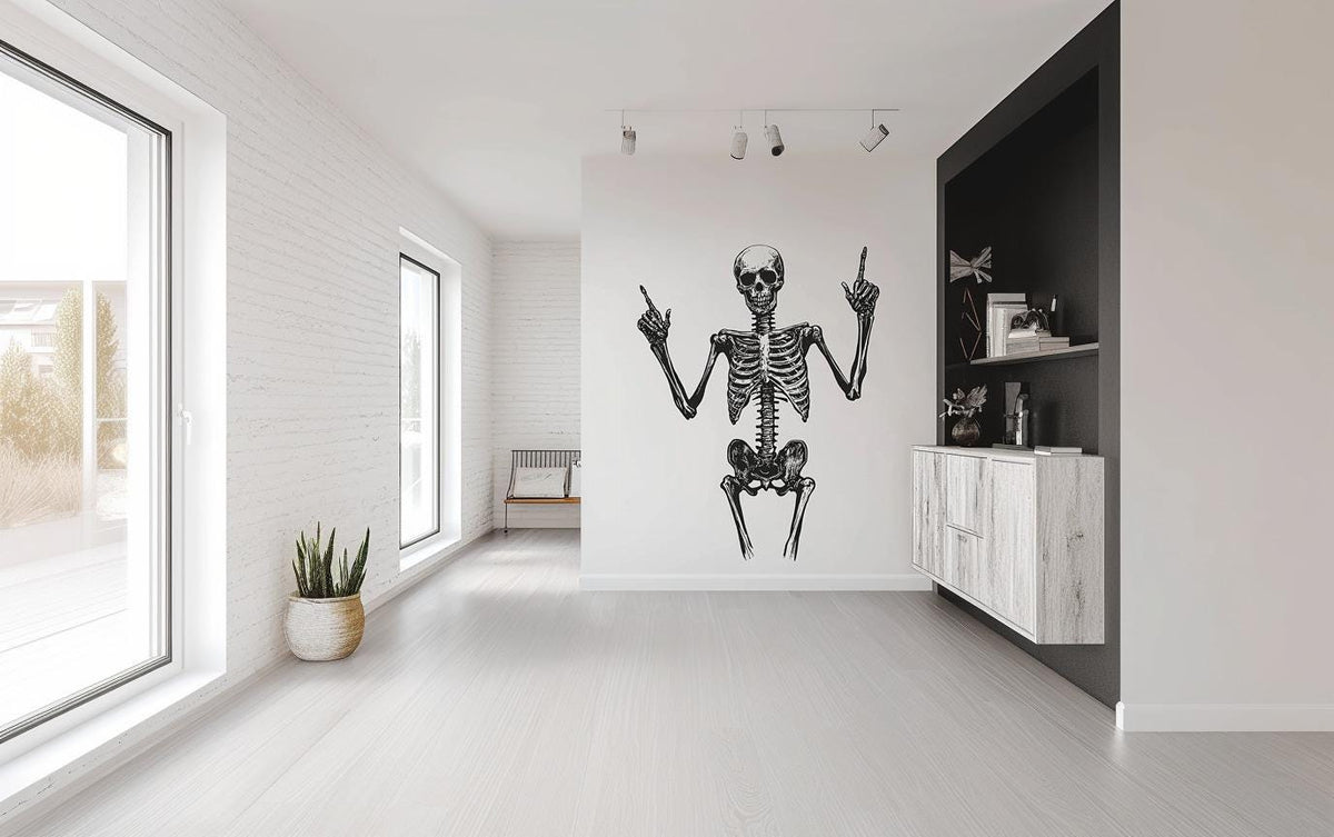 Anatomical skeleton figure vinyl decal displayed on a wall.