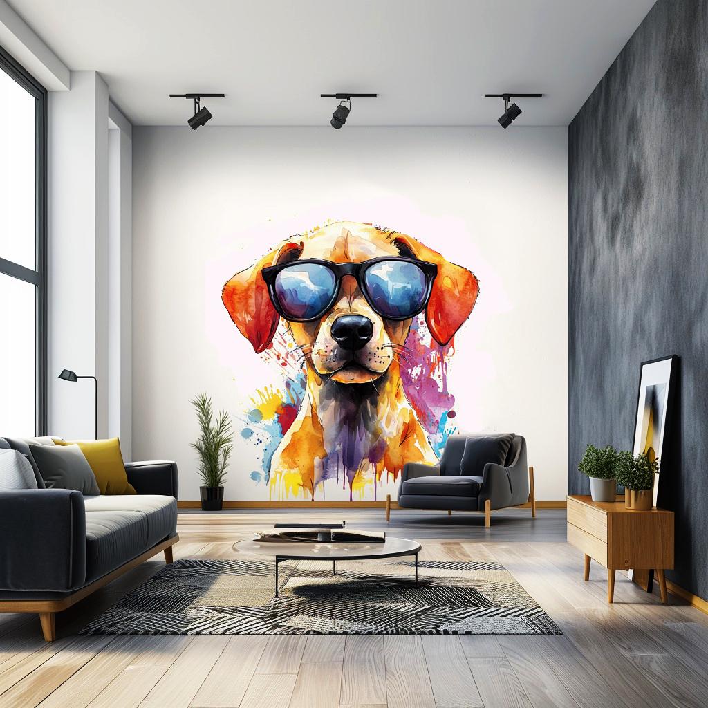 Watercolor wall decal of a labrador puppy with colorful paint splashes