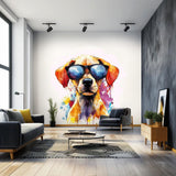 Watercolor wall decal of a labrador puppy with colorful paint splashes