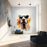 Watercolor wall decal of a dog wearing sunglasses with colorful paint splashes