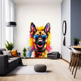 Printed vinyl sticker artwork showing a german shepherd wearing sunglasses in a watercolor style