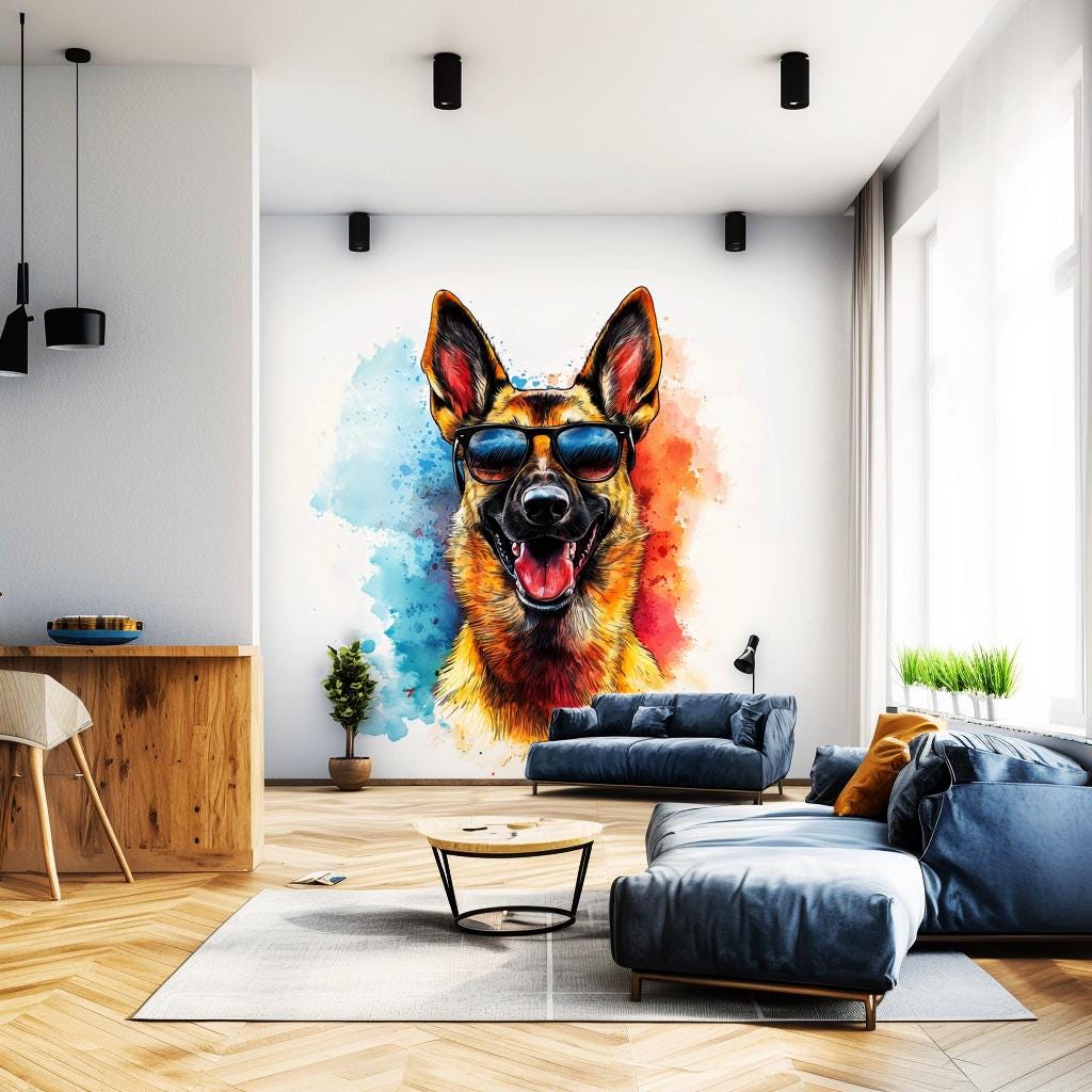 Printed vinyl sticker artwork showing a german shepherd wearing sunglasses in a watercolor style