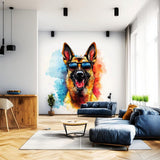 Printed vinyl sticker artwork showing a german shepherd wearing sunglasses in a watercolor style