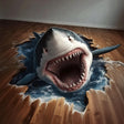 Shark floor decal with a flat printed 3D breakthrough effect