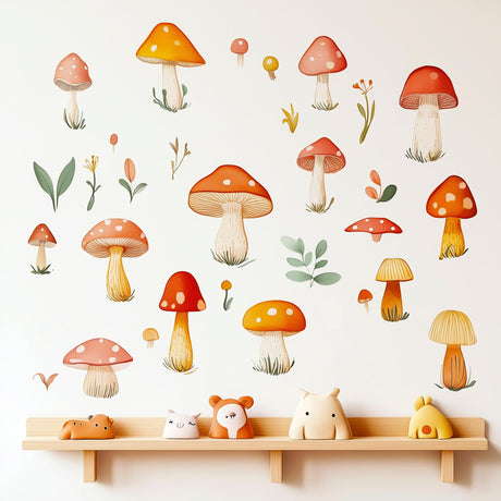 Mushroom Wall Decals featuring 30 separate printed mushroom and foliage wall decals