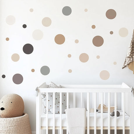130 Piece Circle Wall Decals Set featuring separate beige, taupe and grey circle wall decals in several small sizes