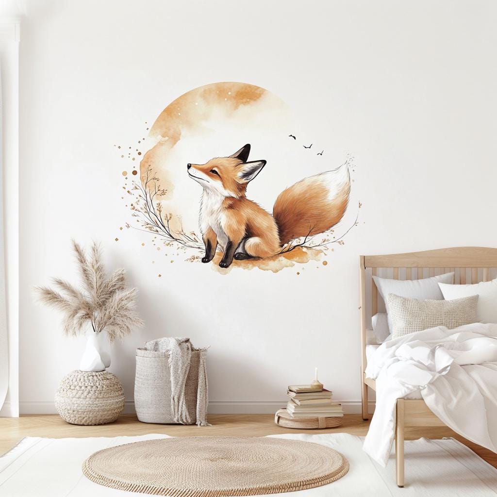 Woodland fox wall sticker against a beige moon above a bed and circular woven nursery rug.