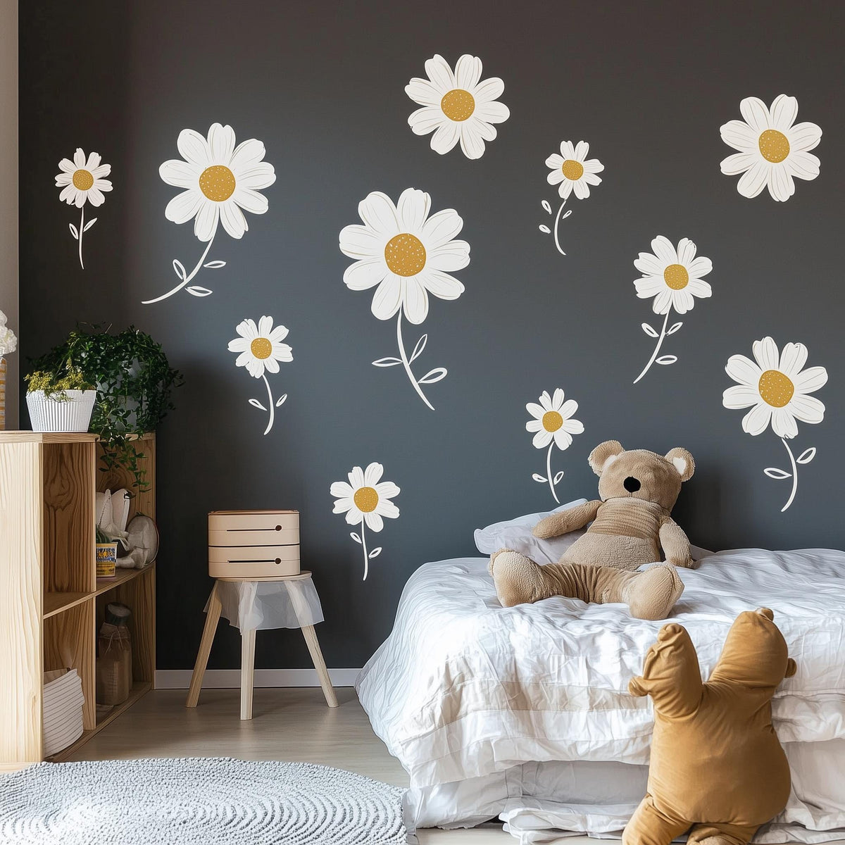 Daisy Wall Decals featuring separate white daisy stickers with yellow centres
