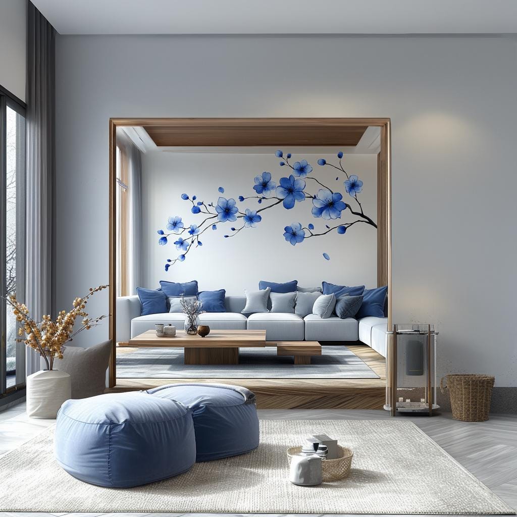 Blue Flower Branch Wall Decal featuring blue blossoms, produced as a self adhesive vinyl wall decal for bedrooms, living rooms,