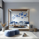 Blue Flower Branch Wall Decal featuring blue blossoms, produced as a self adhesive vinyl wall decal for bedrooms, living rooms,