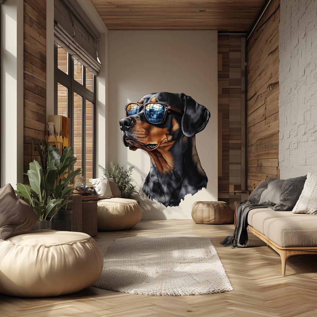 Printed vinyl decal artwork showing the Rottweiler wearing sunglasses in the artwork shown in the product gallery