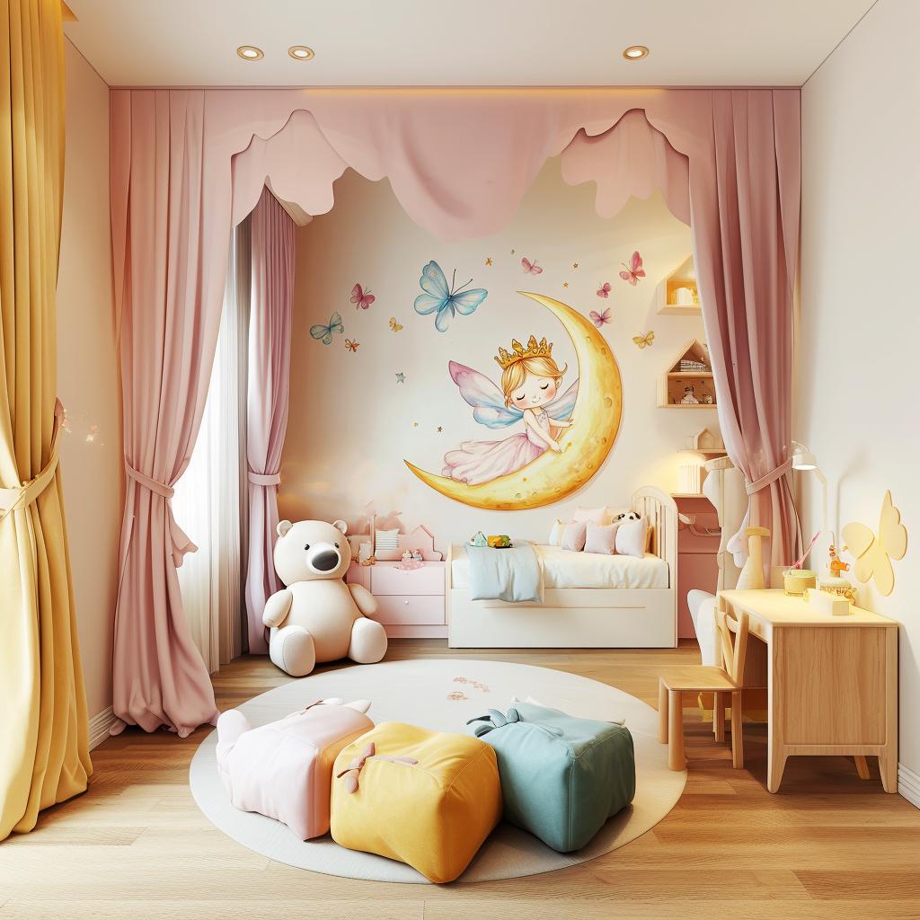 Fairy Princess on the Moon Wall Decal featuring a fairy princess seated on a crescent moon with butterflies and stars, designed