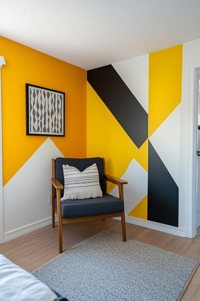 Stylish living room corner featuring custom geometric wall decals in yellow, black, and white.