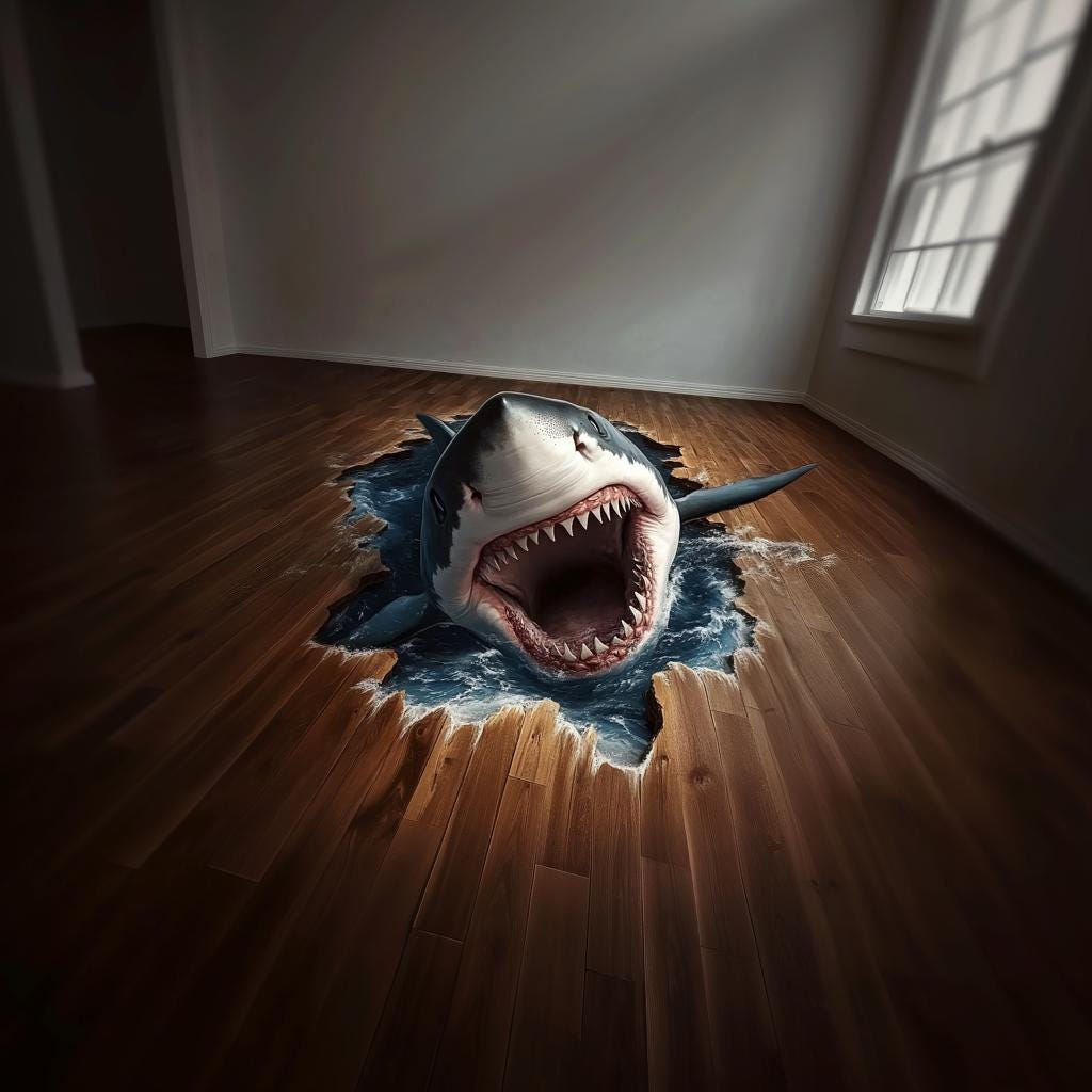 3D Shark Floor Decal featuring a flat printed 3D breakthrough effect