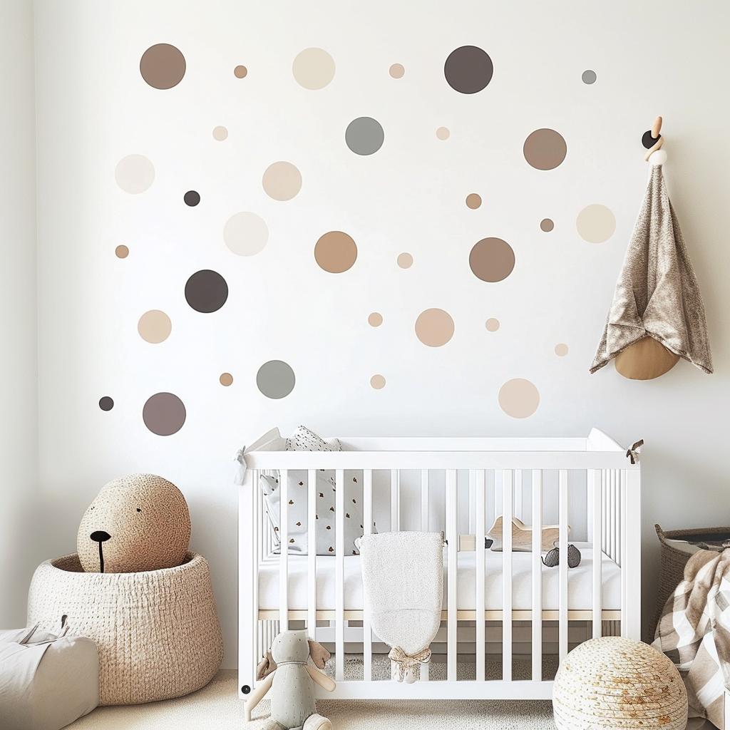 Printed vinyl decal artwork showing separate beige, taupe and grey circle wall decals in several small sizes