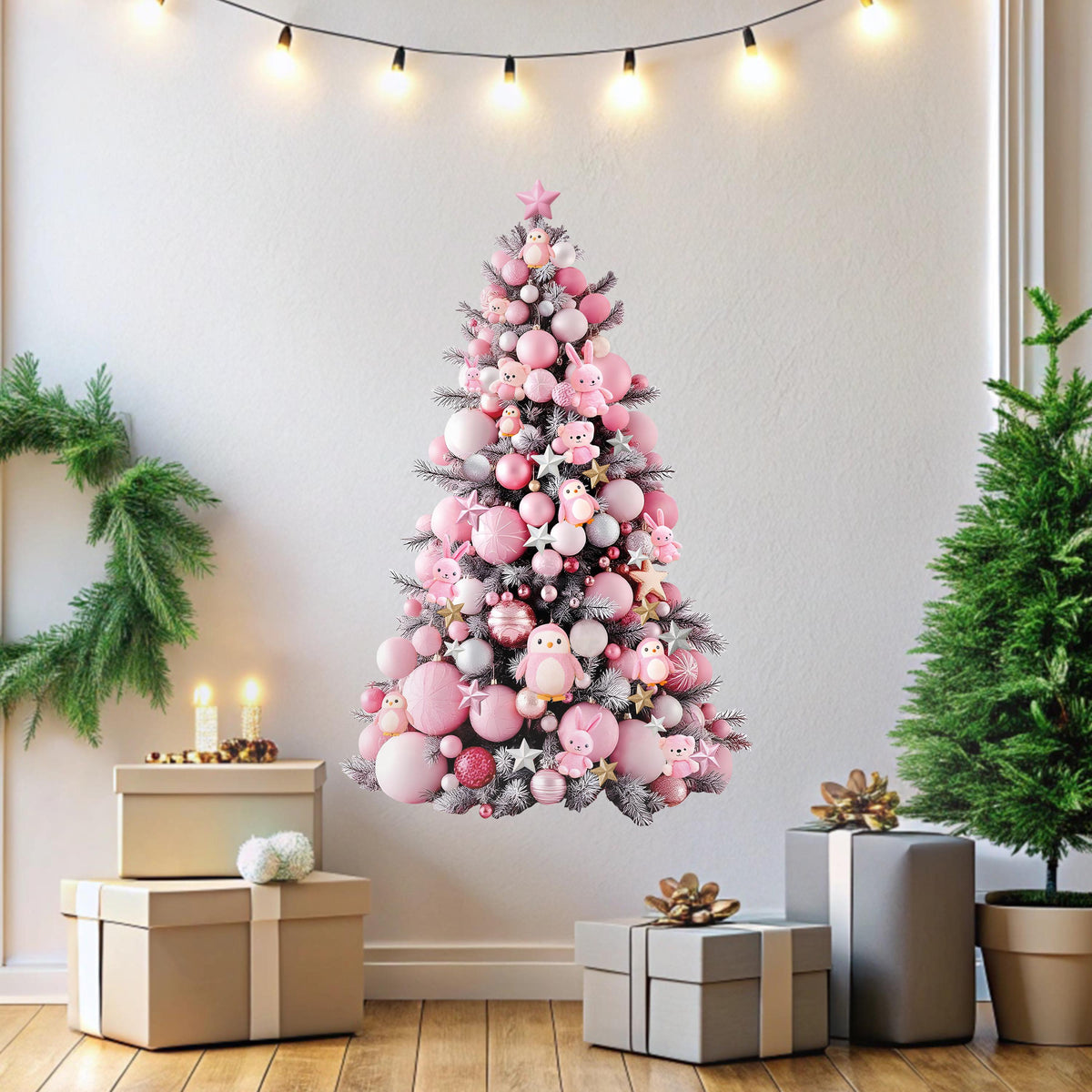Pink Christmas Tree Wall Decal displayed in a room setting.