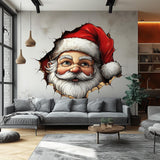 Product illustration of Santa Claus wall decal with Santa Claus breaking through a cracked wall in a printed 3D optical illusion
