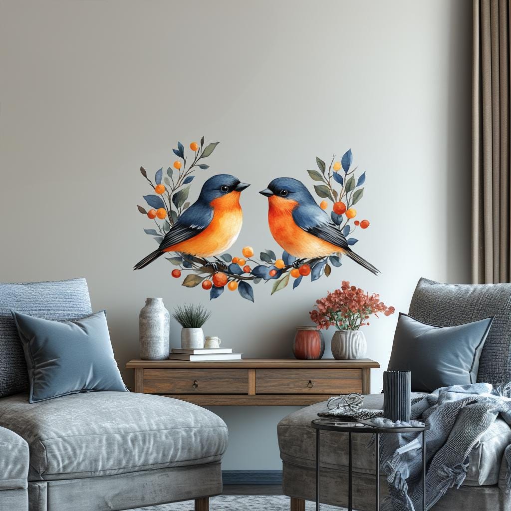 Bird Wall Decal featuring two blue and orange birds perched on berry branches