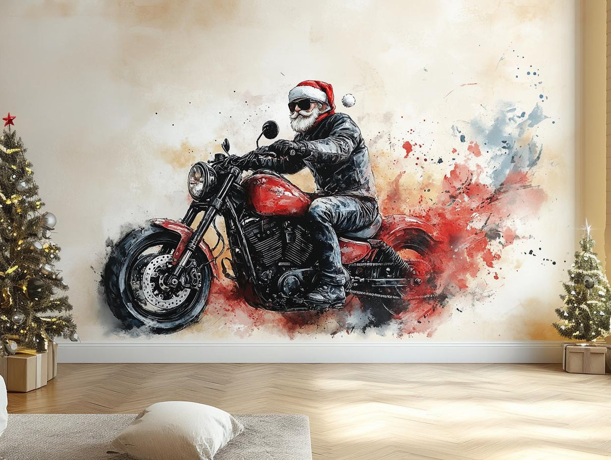 Biker Santa Wall Decal featuring sunglasses Christmas wall decal