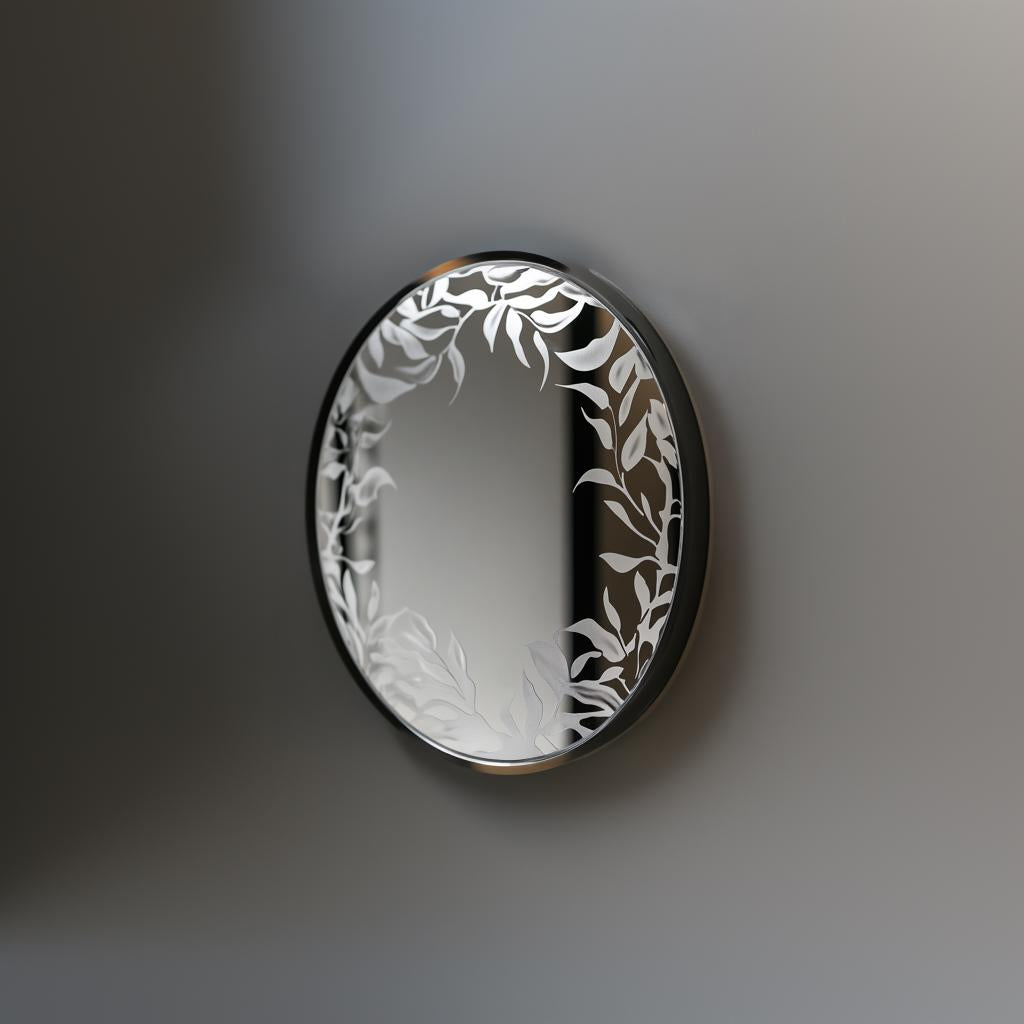Custom etched mirror decal featuring an elegant floral design for home and office decor.