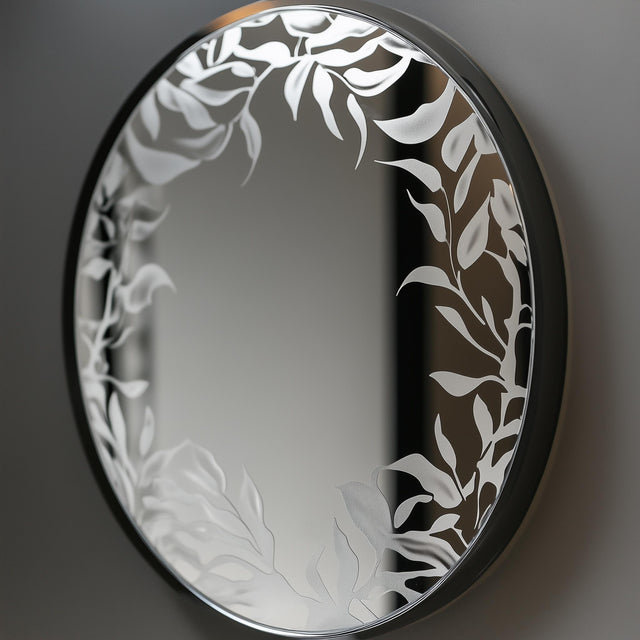Custom frosted vinyl floral design on a round mirror, creating an etched glass effect.