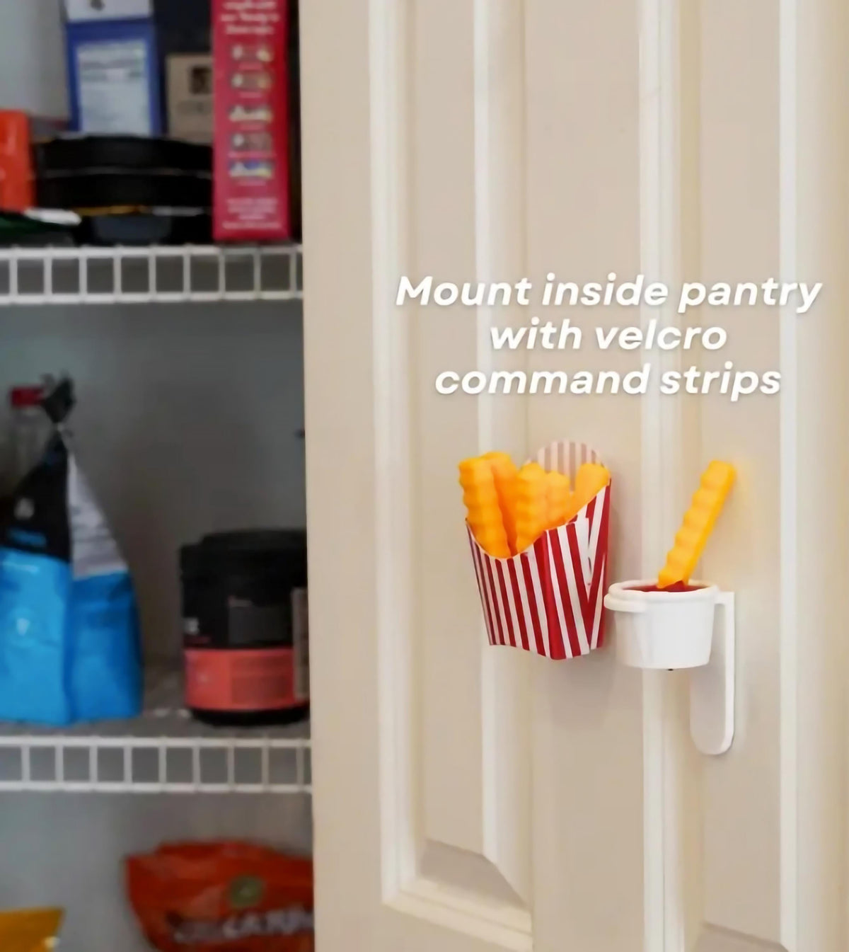 French Fry Snack Sealers mounted inside a pantry, holding snack clips with fun fry design.