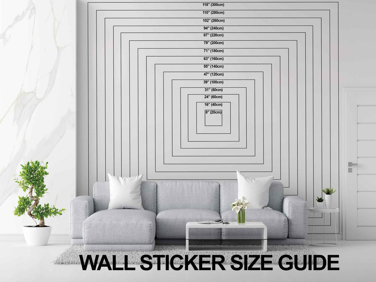 Wall sticker size guide with nested dimensions above a sofa