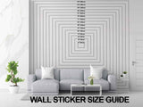 Wall sticker size guide with nested dimensions above a sofa