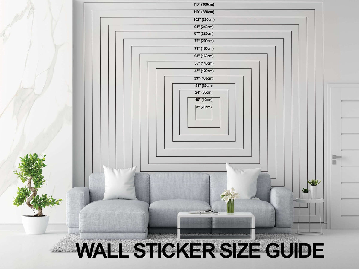 Wall sticker size chart with nested measurement outlines above a living room sofa