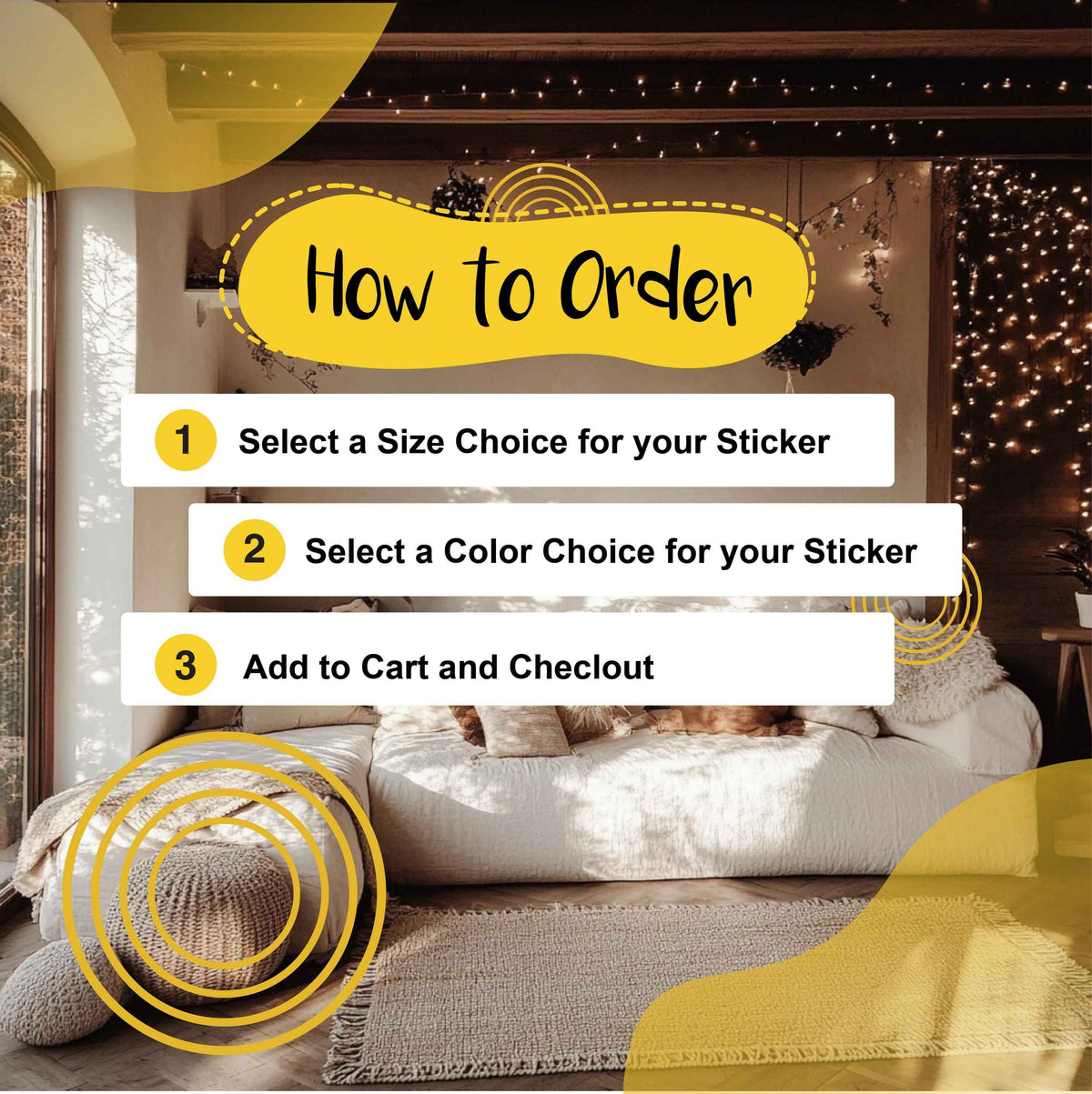 Illustrated sticker ordering guide explaining size selection and checkout