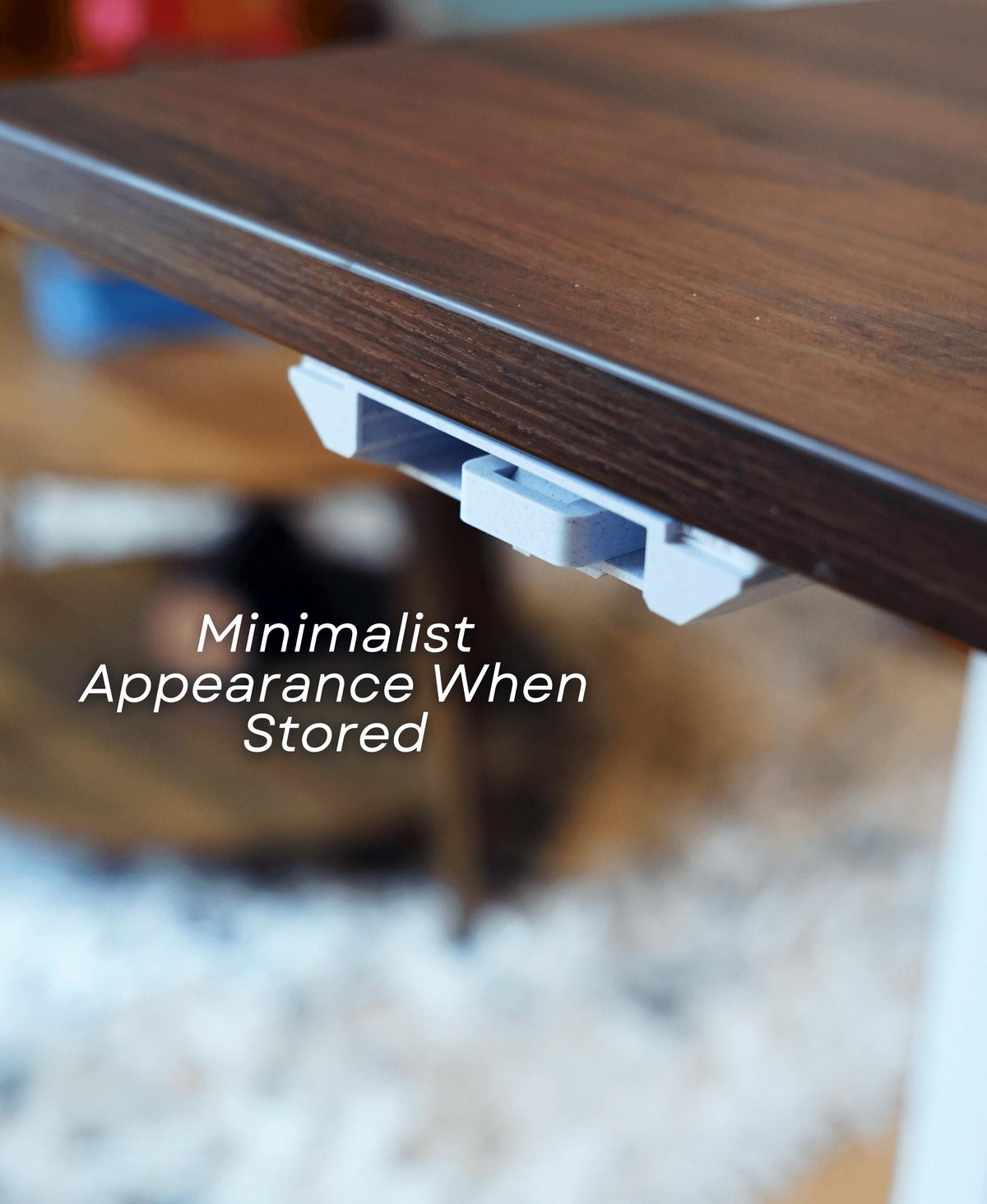 Fold-out under desk cup holder stored for a minimalist workspace appearance, retractable design keeps area tidy.