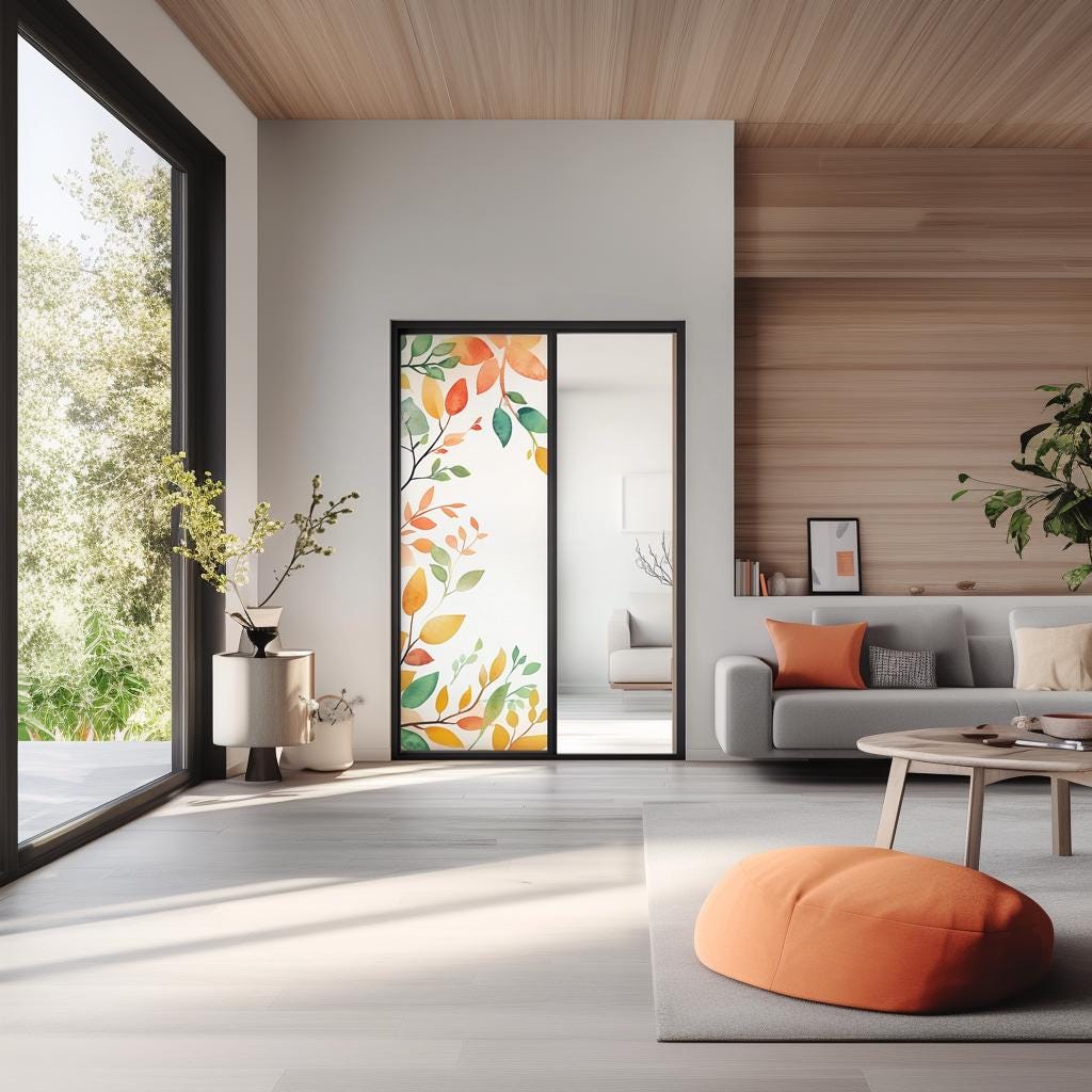 Product gallery view of Custom Frosted Glass Film with Leaf Design.