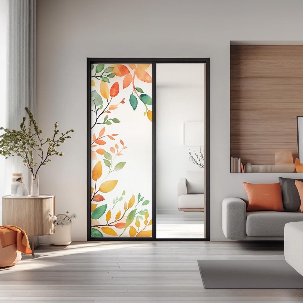 Alternate product view of Custom Frosted Glass Film with Leaf Design.