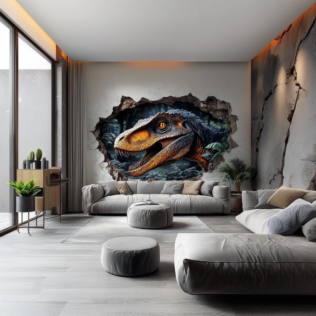 3D Raptor Jungle Wall Decal featuring a cracked wall breakthrough, Design 2