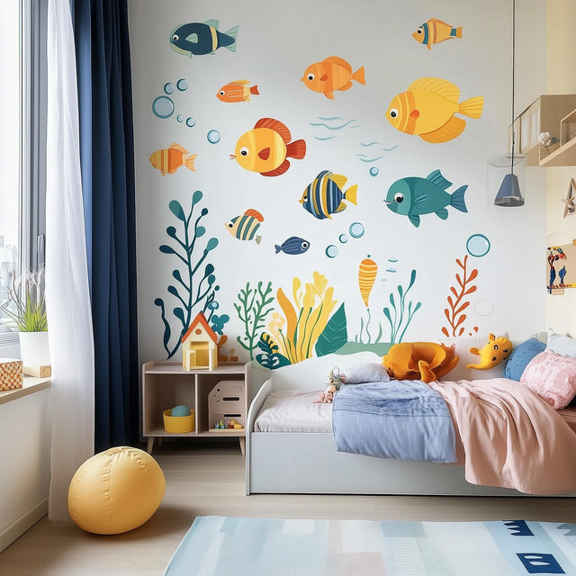 Underwater Ocean Wall Decal Set for Kids featuring individual fish, seaweed, coral and bubble wall decals