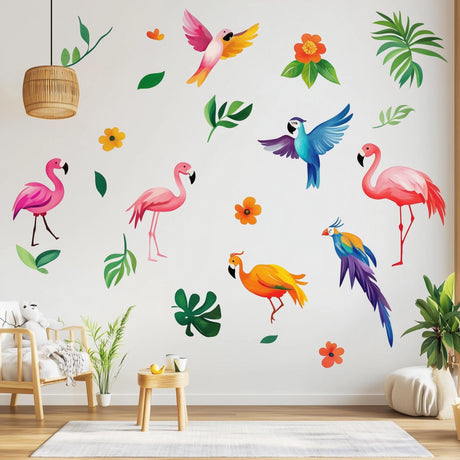 Tropical Bird Wall Decals featuring eight colourful birds plus separate leaves and flowers
