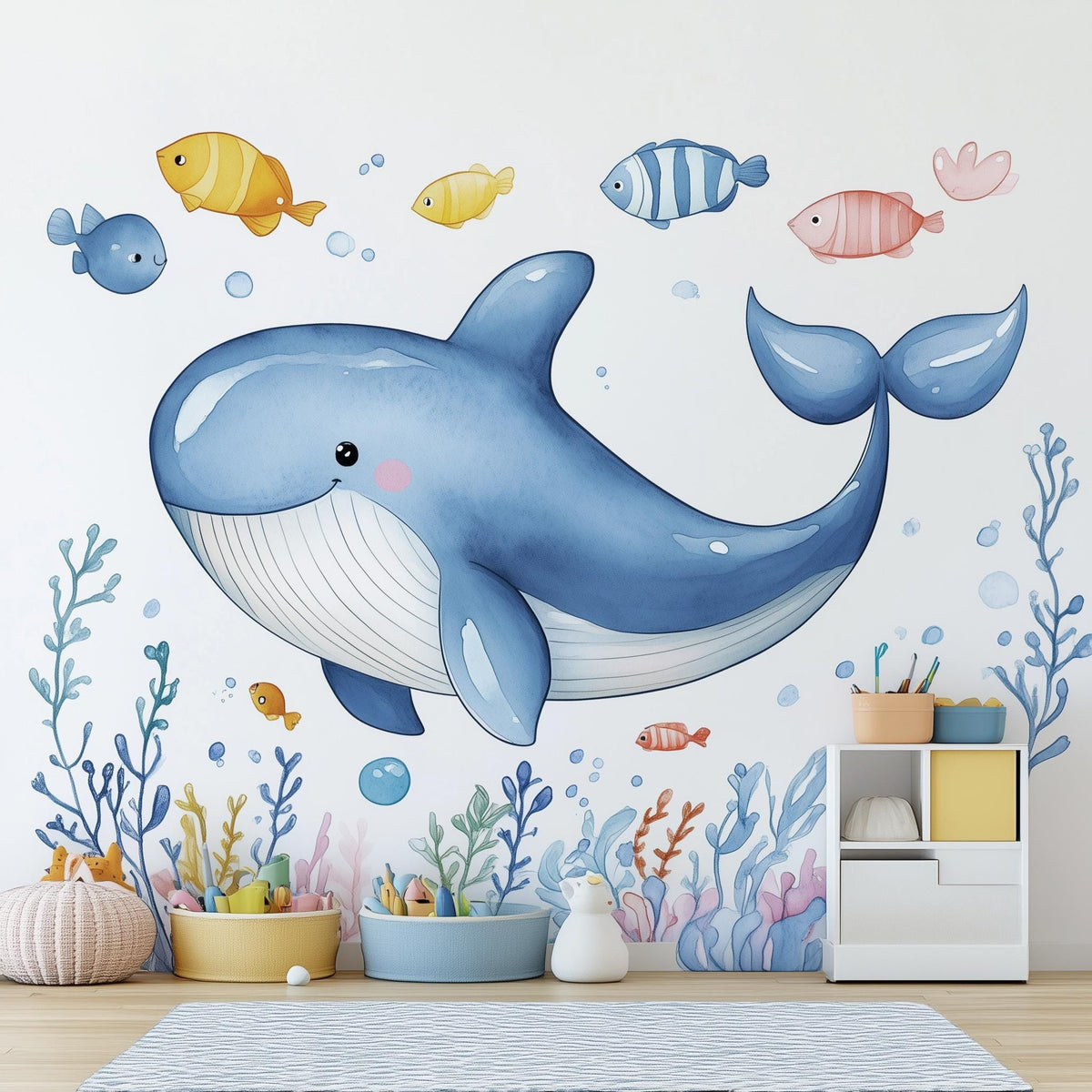 Whale Wall Decals for Kids featuring a large whale, smaller sea life elements, coral and bubbles
