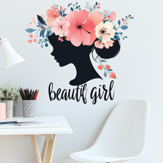 Beautiful Girl Wall Decal | Floral Silhouette Vinyl Sticker | Feminine Room Decor | Removable Wall Art for Girls’ Rooms