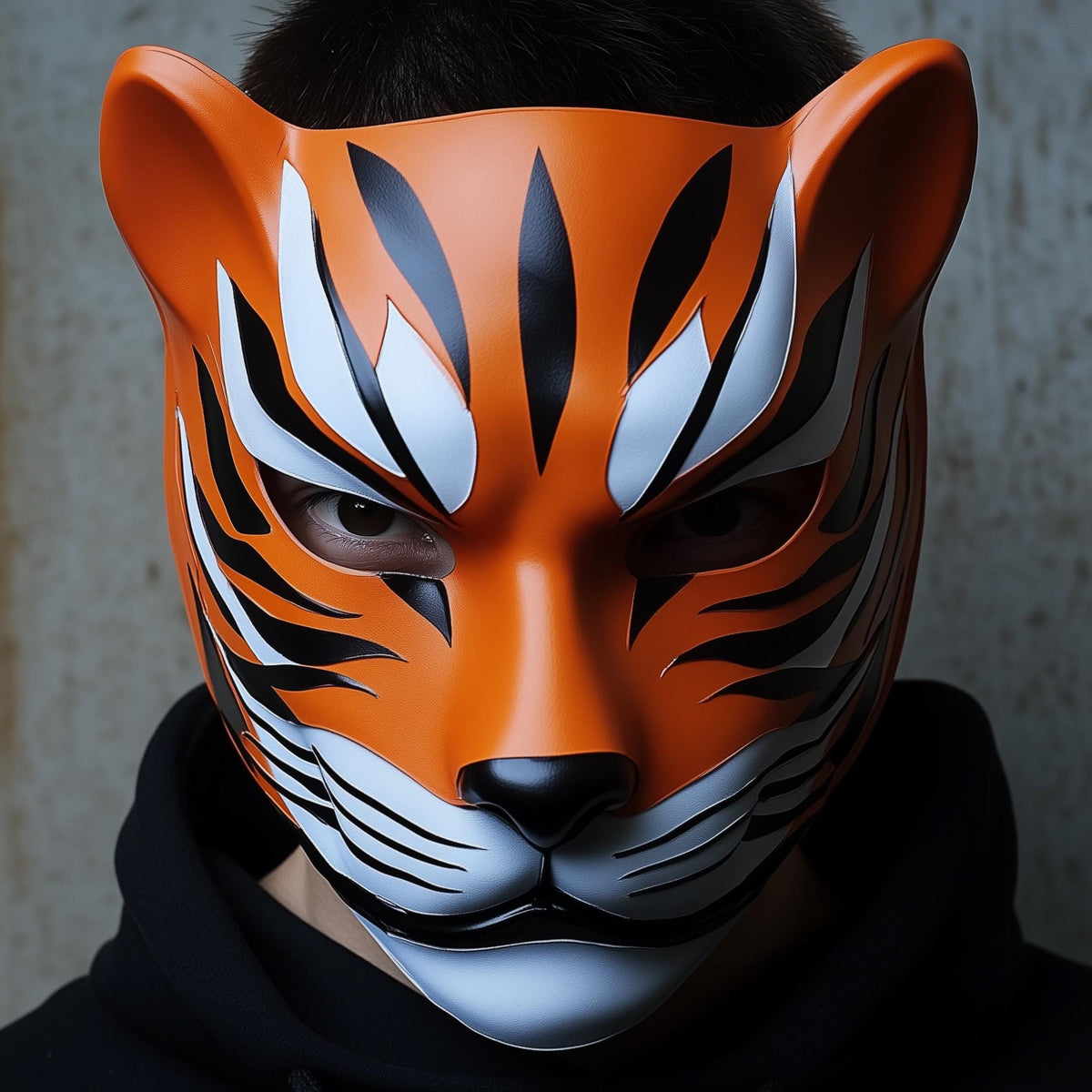 3D printed tiger shinobi mask with feline stripes, pointed ears and samurai-inspired contours.