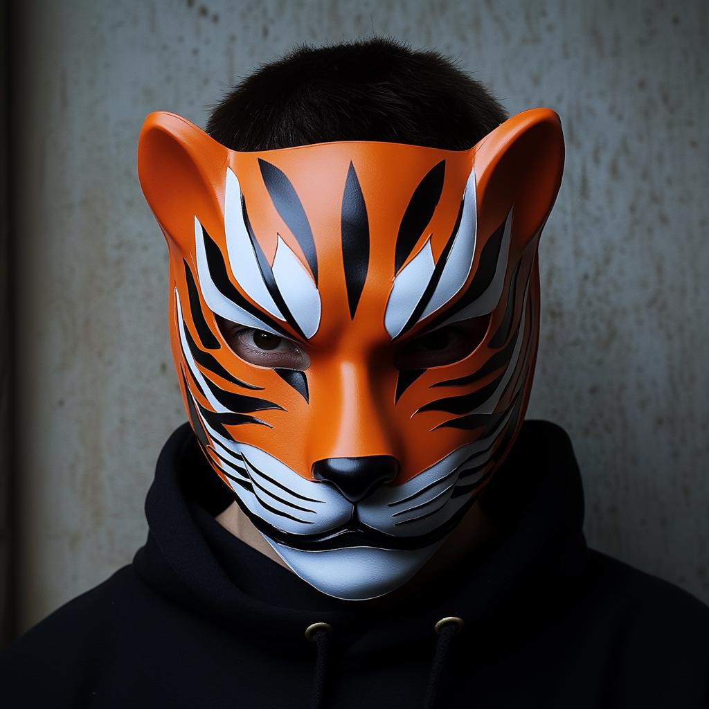 Product presentation view of 3D Printed Tiger Shinobi Cosplay Mask.