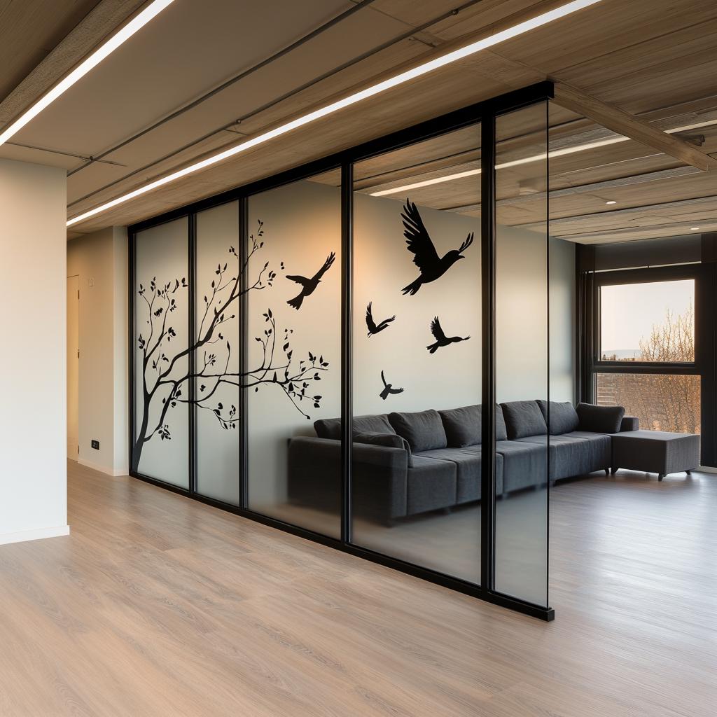 Modern bird and tree window decal on glass in an office space, enhancing privacy and aesthetics with flying birds.
