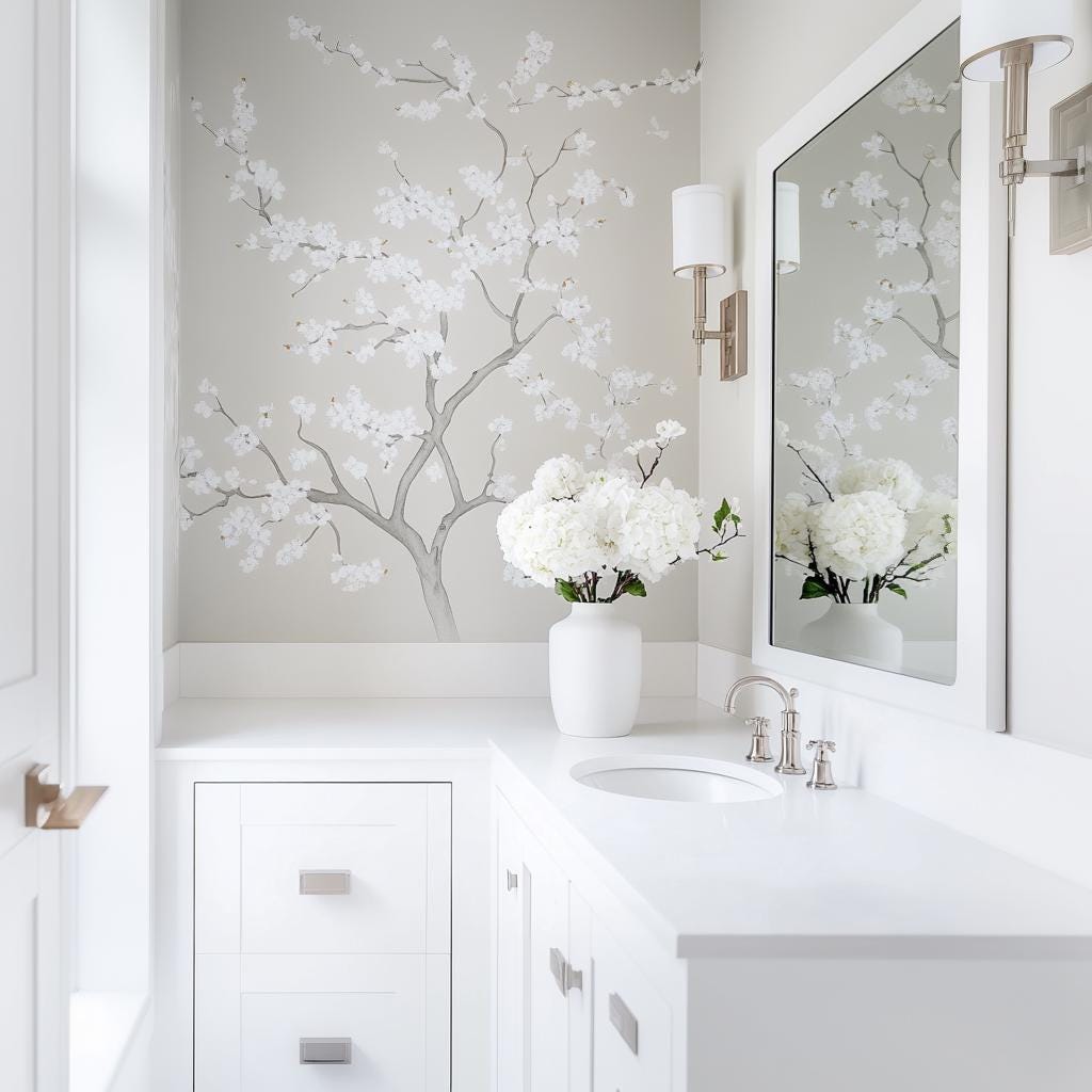 Chinoiserie Tree Wall Decal featuring soft white flowers and neutral tones