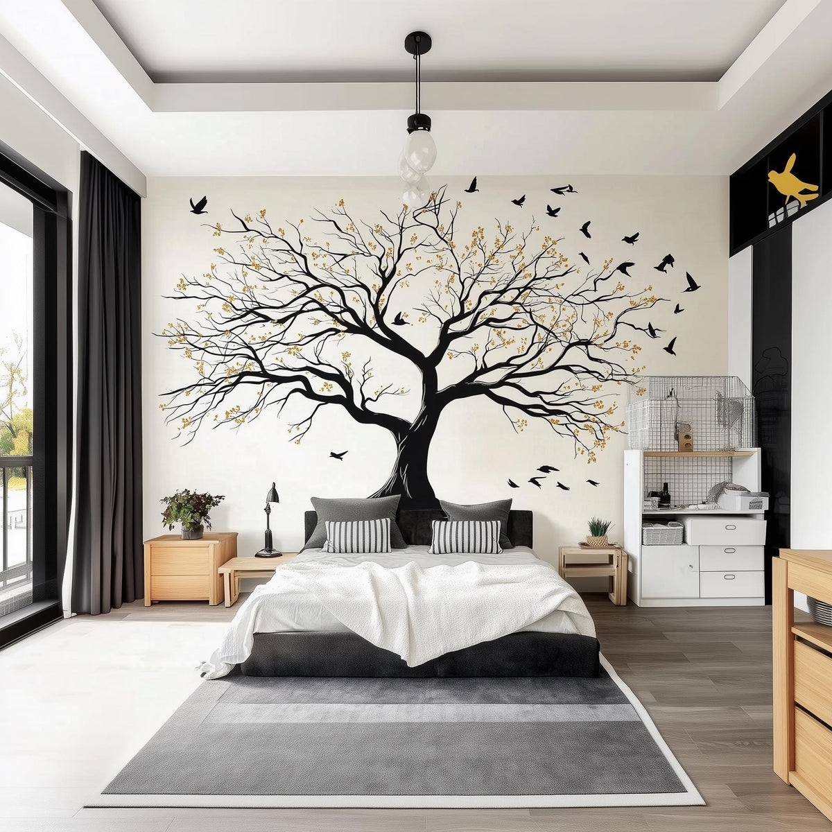 Large Tree Wall Decal featuring an elegant tree with branching limbs, golden leaves and birds in flight