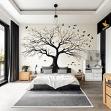 Large Tree Wall Decal featuring an elegant tree with branching limbs, golden leaves and birds in flight