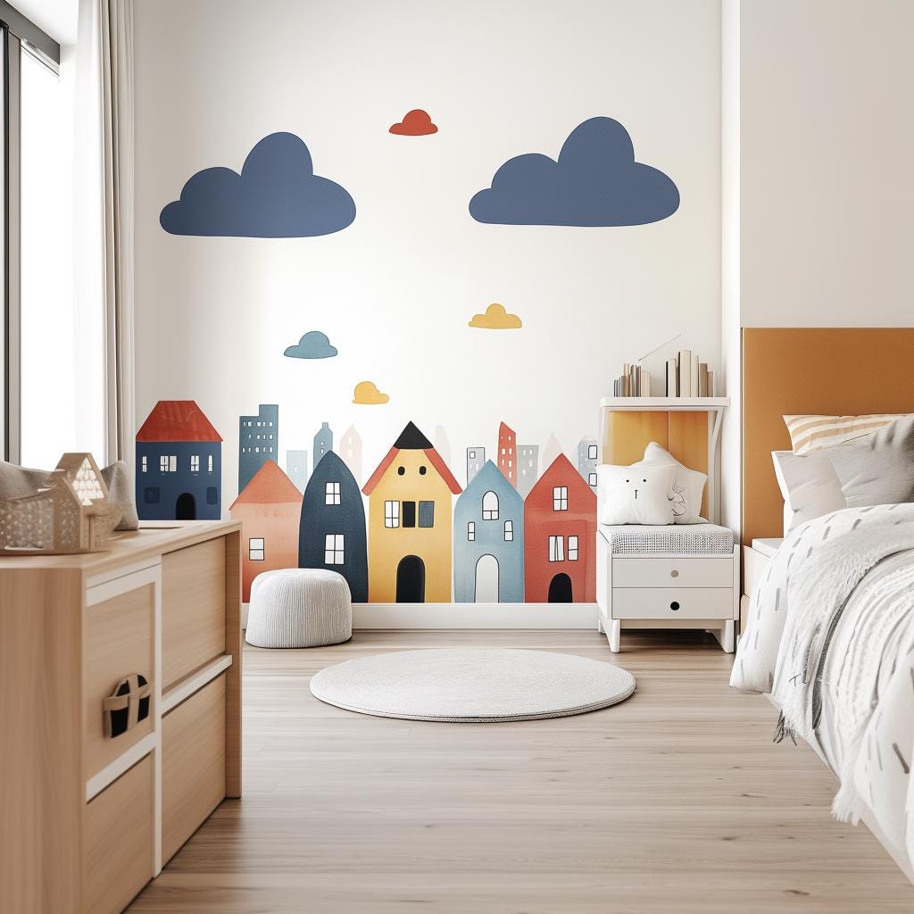 Colorful town wall decal showing cheerful houses and clouds