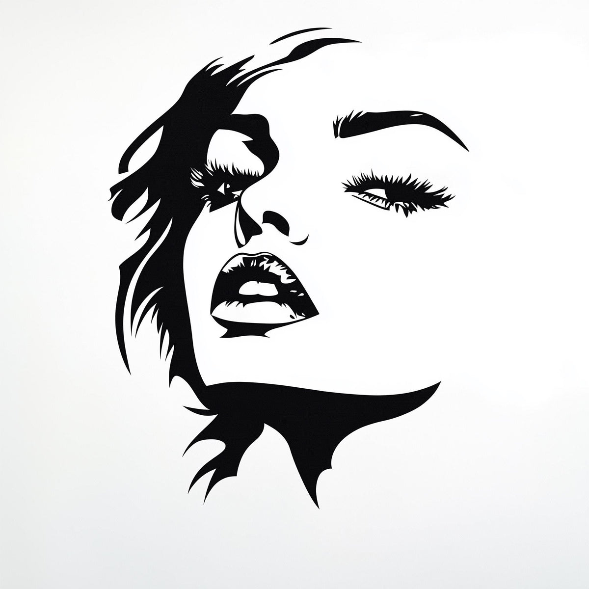 Stylized female face wall decal in bold black silhouette for modern art decor in bedrooms or salons.