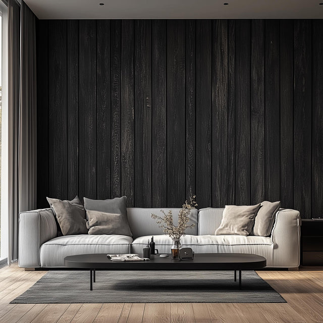 Black woodgrain peel and stick wallpaper showing dark printed wood panel texture