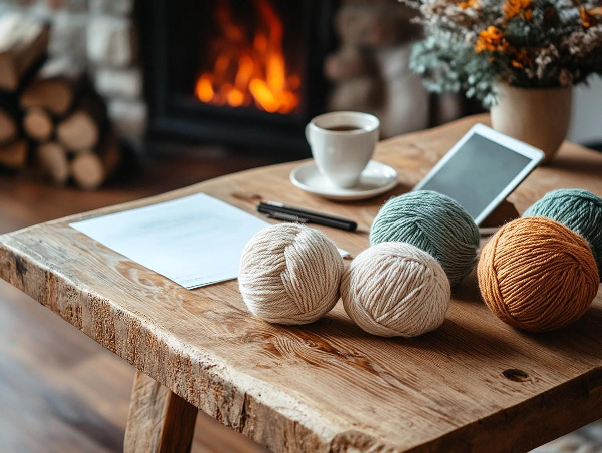Cozy crocheting setup with yarn balls, coffee, and sketching pad on a rustic wooden table.