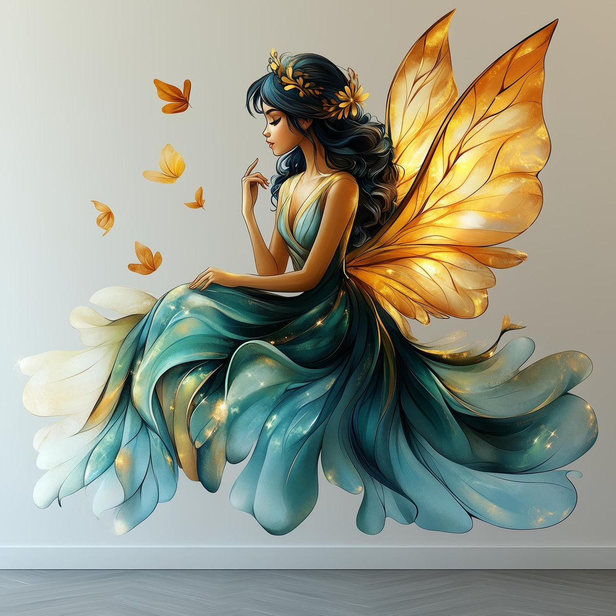Teal Fairy Wall Decal featuring a teal dress, golden butterfly wings and floating butterflies