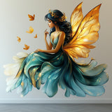 Teal Fairy Wall Decal featuring a teal dress, golden butterfly wings and floating butterflies